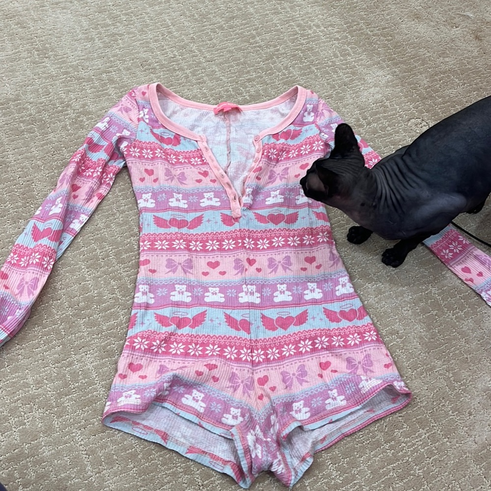 Dolls Kill Pink & White Patterned Long Sleeve Romper